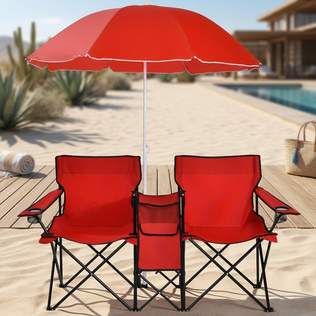 2-Person Folding Beach Chair Set with Umbrella, Table & Cooler Bag – Compact Collapsible Picnic Chair for Beach, Camping & Outdoor Outings, 270 lb Capacity Per Seat
