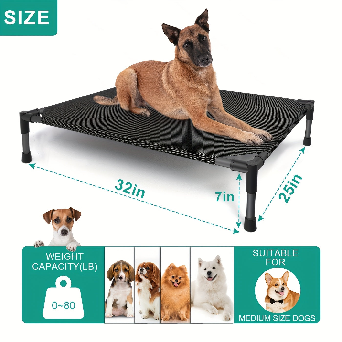 Cooling Elevated Dog Bed & Outdoor Dog Cot - Raised Pet Bed with Washable Breathable Mesh, No-Tool Assembly, Anti-Slip Feet for Large, Medium & Small Dogs, Indoor Outdoor Use