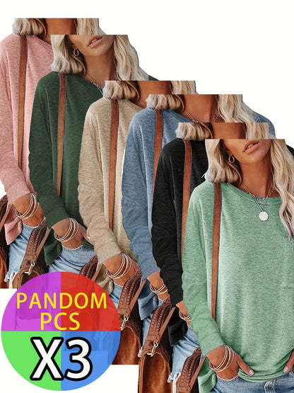 Women's Long Sleeve T-Shirt 3 Pack Set Soft Casual Basic Layering Tops with Chest Pocket & Split Hem – Warm Comfortable Tees for Women S M L XL XXL Fall Winter