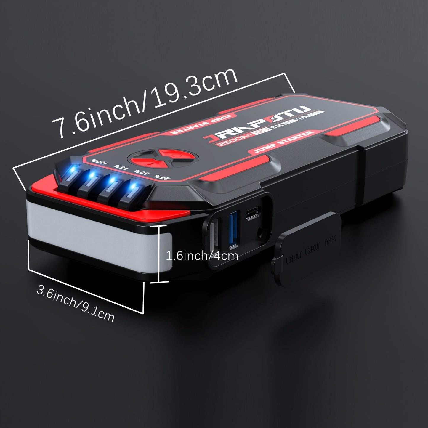 Portable Car Jump Starter 2500A Peak | 8000mAh-10000mAh 12V Battery Booster Pack, Up to 30 Starts, USB Charging Ports & LED Flashlight – Fits Gas 7.0L & Diesel 8.0L Engines, Trucks, SUVs, Motorcycles