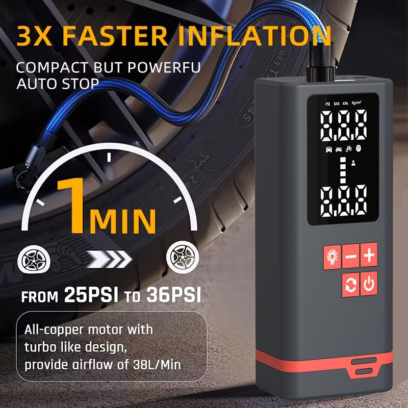 Portable Tire Inflator Air Compressor Wireless – USB Rechargeable, Digital Display, LED Light, Multi-Nozzle Adapter, Lithium Battery, Fits Car, Motorcycle, Bicycle, Sports Balls