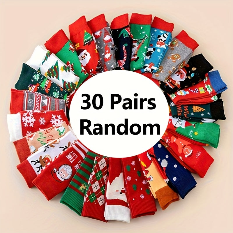 Christmas Socks 30 Pairs Fun Holiday Patterns Reindeer Santa Snowflakes Gingerbread Christmas Tree Warm Cartoon Socks – Unisex Gift Set for Men and Women