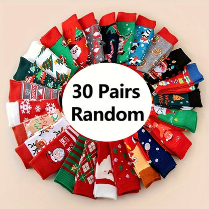 Christmas Socks 30 Pairs Fun Holiday Patterns Reindeer Santa Snowflakes Gingerbread Christmas Tree Warm Cartoon Socks – Unisex Gift Set for Men and Women