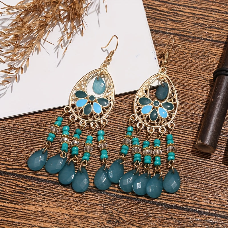 6-Pair Bohemian Tassel Earrings Set for Women – Vintage Beaded Dangle Earrings with Teardrop & Round Beads, Multicolor Boho Statement Jewelry, Lightweight Alloy Hoops for Parties & Vacations