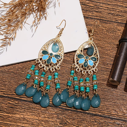 6-Pair Bohemian Tassel Earrings Set for Women – Vintage Beaded Dangle Earrings with Teardrop & Round Beads, Multicolor Boho Statement Jewelry, Lightweight Alloy Hoops for Parties & Vacations