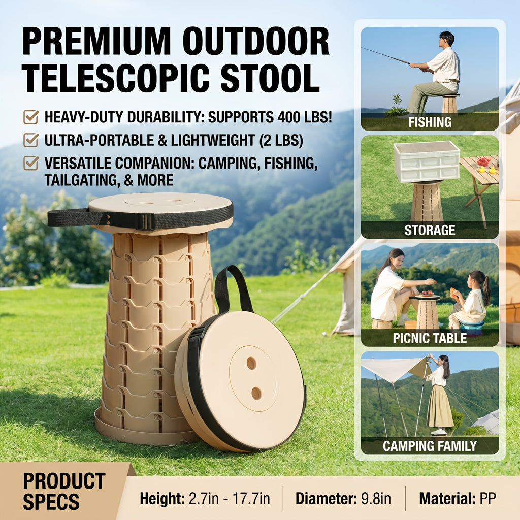 2-Pack Collapsible Folding Stool – 400 lbs Capacity Portable Telescopic Camping Stool, Compact Storage for Travel, Camping, Hiking, Fishing & Backyard BBQ – Lightweight Plastic Seat, Men's Gift
