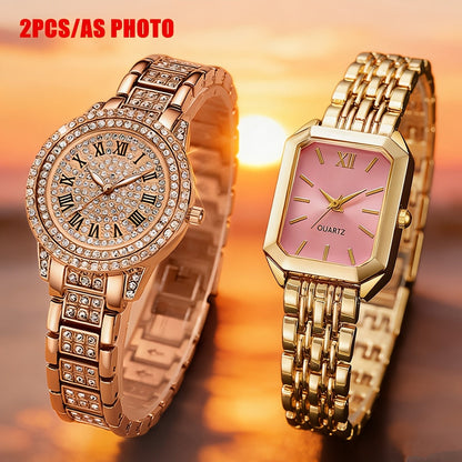 Set of 2 Women's Watches Gold Quartz Wristwatch – Elegant Ladies Analog Timepiece Set, Casual Stylish Gift for Women, Rose Gold Silver Tone