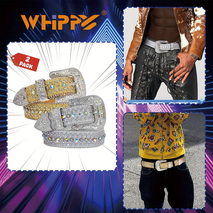 Rhinestone Belt Unisex Western Cowgirl Bling Belt – Sparkling Faux Leather Adjustable Waist Belt with Alloy Buckle for Women Men Sizes S-XL Party Festival Halloween Christmas Gift