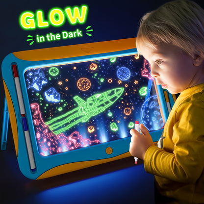 LED Light-Up Drawing Doodle Board for Kids Ages 3-8 – Glow Writing Art Set with 9 Double-Sided Cards & 6 Markers, Educational Learning Travel Toy, Birthday & Christmas Gift for Girls Boys