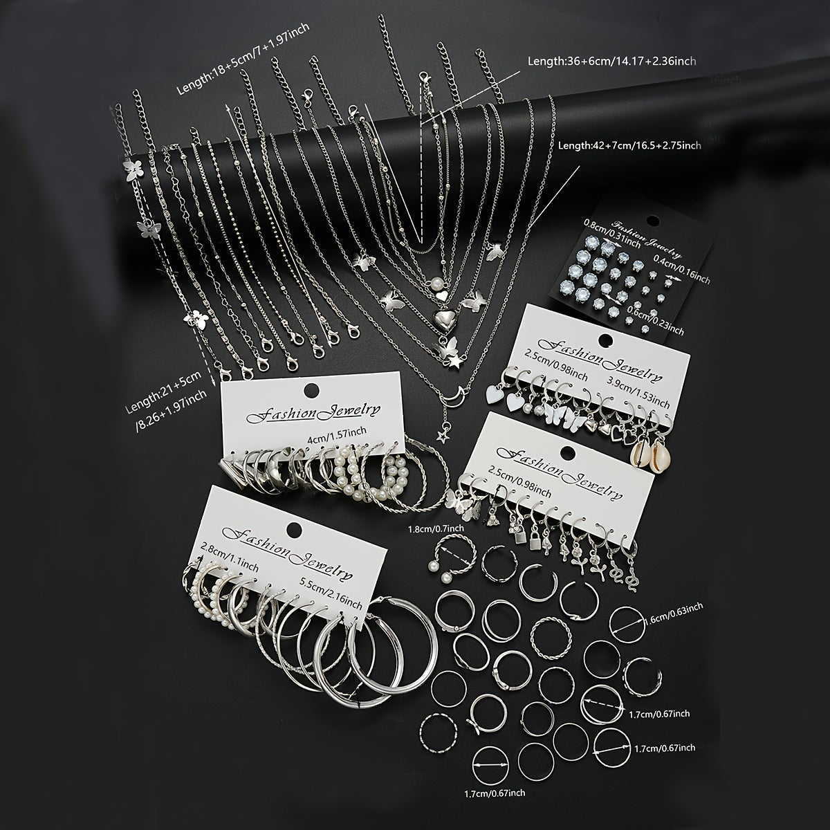 108pcs Women Jewelry Set Vintage Butterfly Heart Rhinestone Necklace Bracelet Anklet Ring Earrings Bundle Multi-Layer Chains Silver Fashion Jewelry Gift for Her