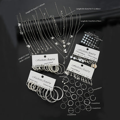 108pcs Women Jewelry Set Vintage Butterfly Heart Rhinestone Necklace Bracelet Anklet Ring Earrings Bundle Multi-Layer Chains Silver Fashion Jewelry Gift for Her