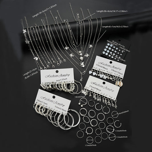 108pcs Women Jewelry Set Vintage Butterfly Heart Rhinestone Necklace Bracelet Anklet Ring Earrings Bundle Multi-Layer Chains Silver Fashion Jewelry Gift for Her