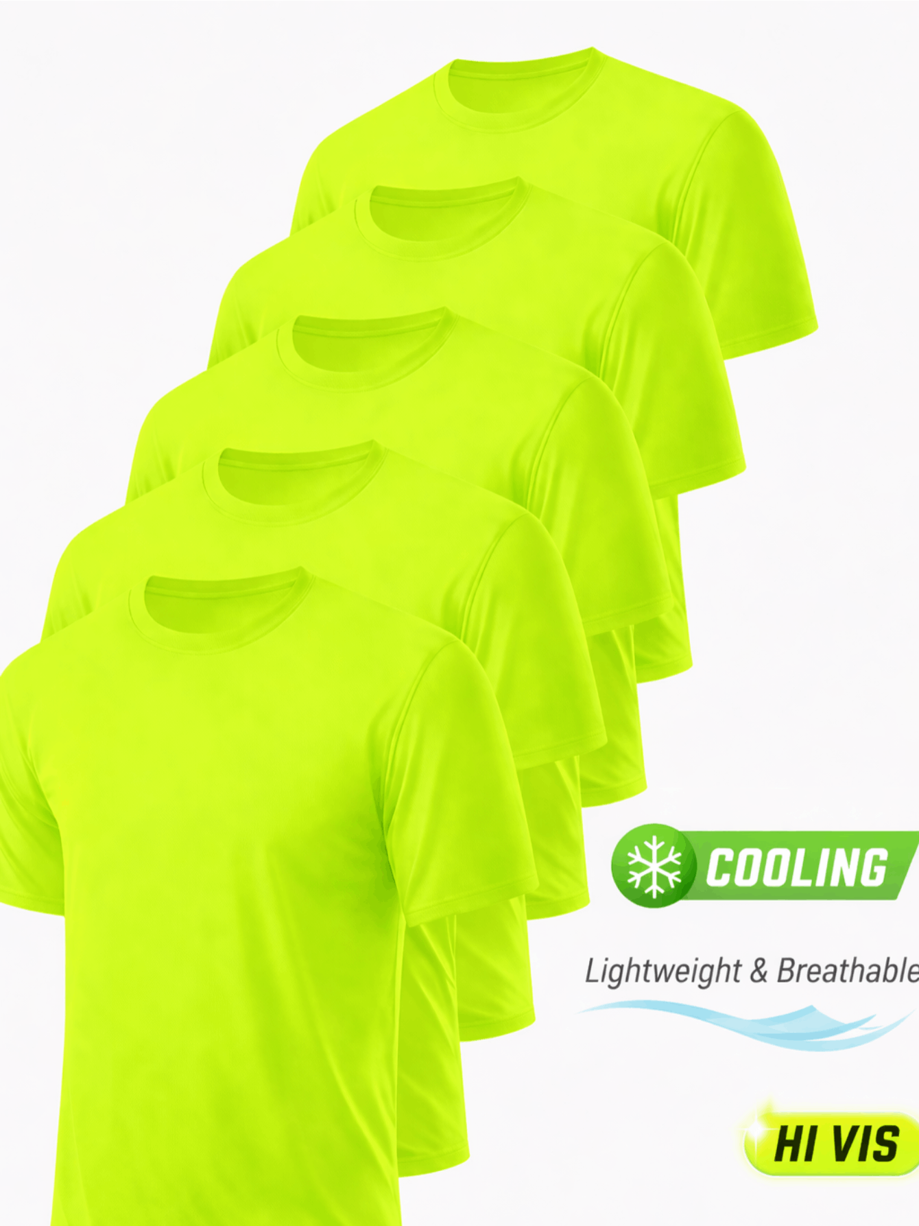 5-Pack Men's UPF 50+ Safety Work Shirts – Quick Dry Breathable Performance Tees for Outdoor Jobs, Fluorescent Yellow High Visibility, S-XXXL, Gift for Dad