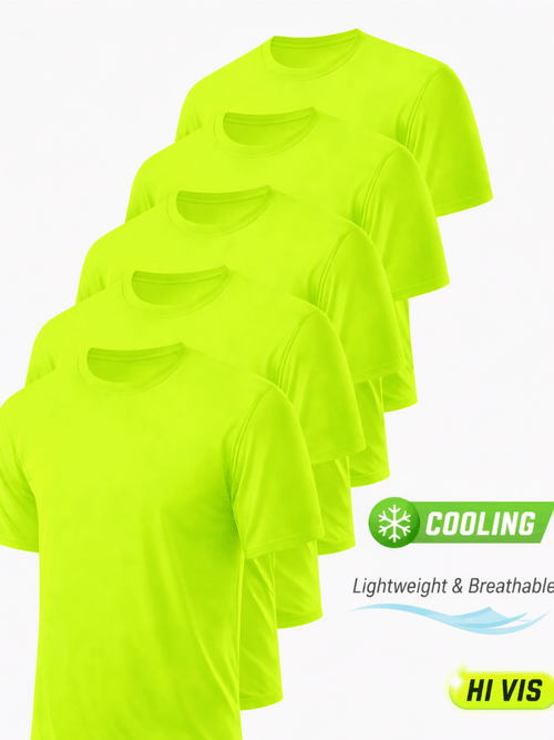 5-Pack Men's UPF 50+ Safety Work Shirts – Quick Dry Breathable Performance Tees for Outdoor Jobs, Fluorescent Yellow High Visibility, S-XXXL, Gift for Dad