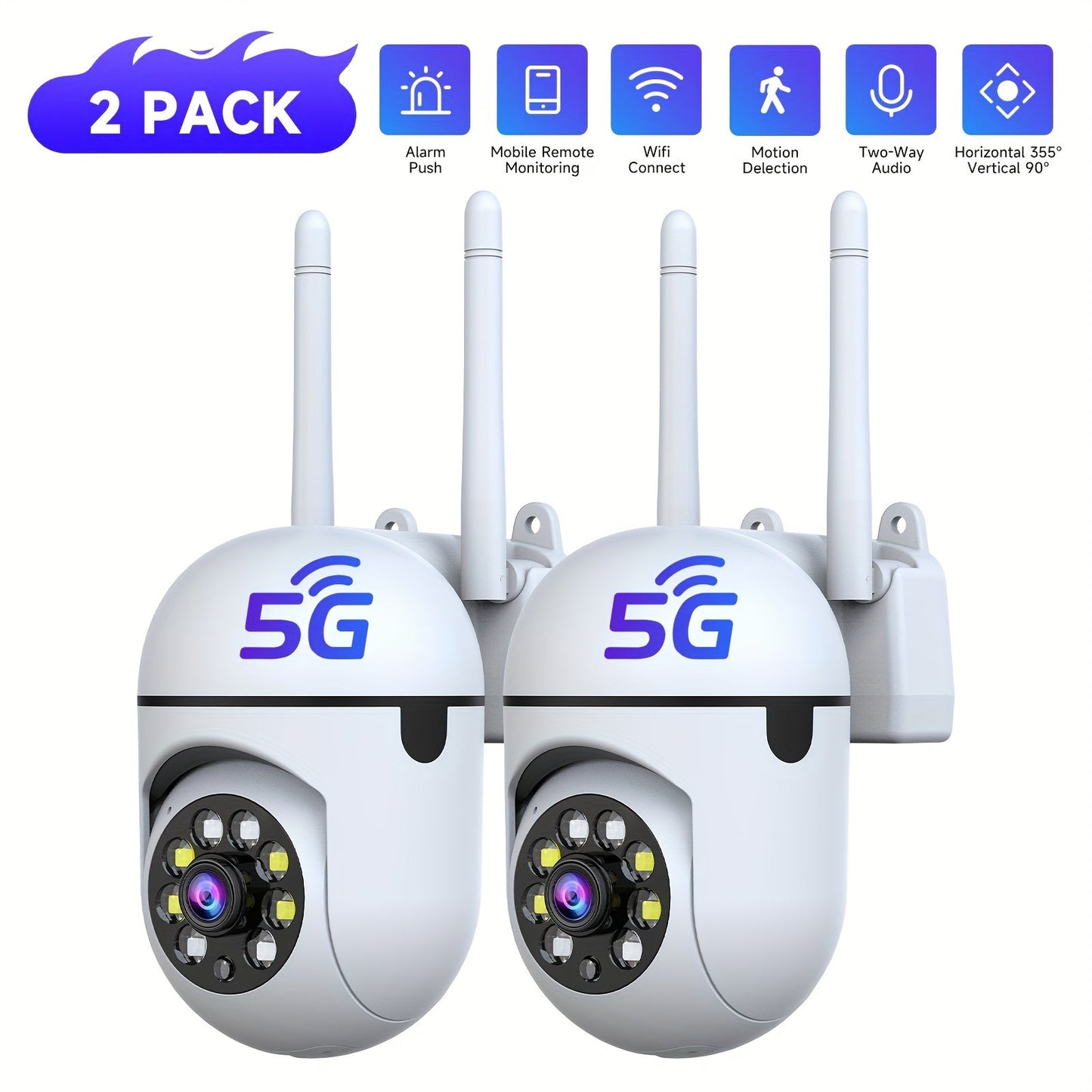 2-Pack WiFi Security Camera 2K QHD PTZ 355° Pan – Dual-Band 2.4G/5G AI Motion Detection, Color Night Vision, Two-Way Audio, Cloud & SD Storage, Baby Monitor, Indoor Home Surveillance Camera