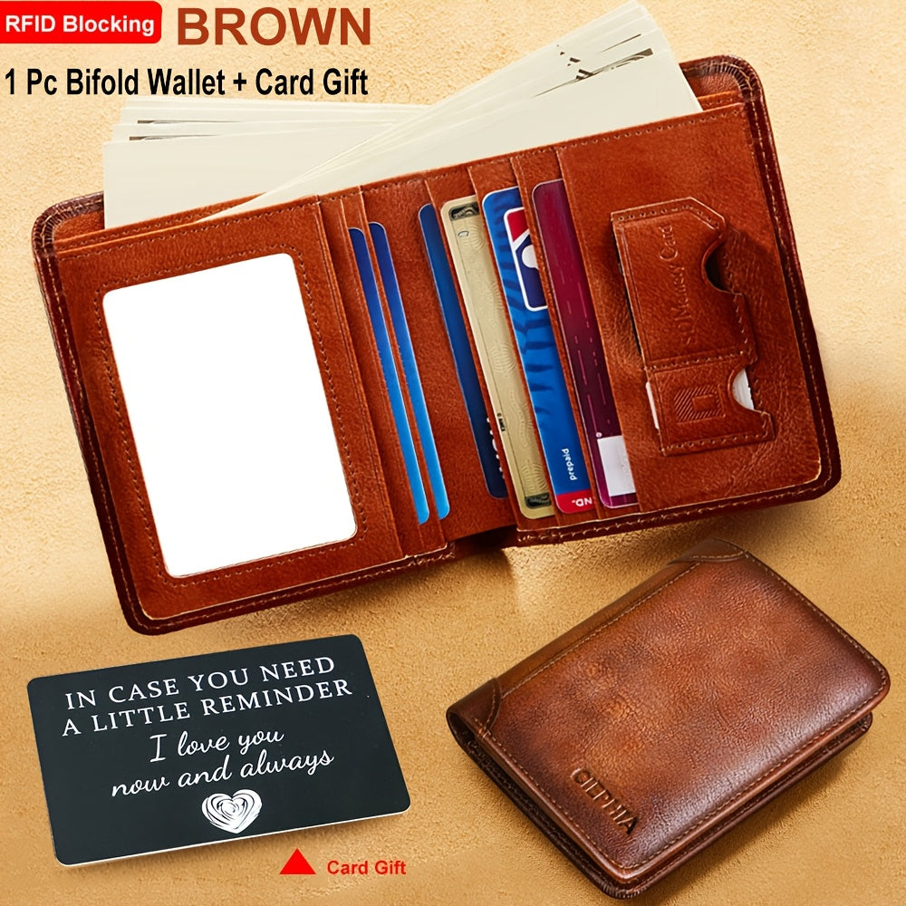 RFID Blocking Genuine Leather Wallet for Men Trifold Cowhide Vintage Credit Card Holder 2 ID Windows Money Clip Cash Slots Father's Day Gift for Dad Husband