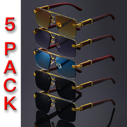5-Pack Double Bridge Rimless Fashion Glasses – Unisex Wooden Temple Lightweight Polycarbonate Lens, Trendy Statement Eyewear in Gray, Blue & Brown for Parties, Festivals & Everyday Style