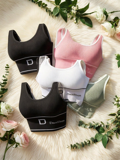 5pcs Wireless Sports Bra Set – Full Coverage High Elasticity Nylon Bra for Yoga Running Gym, Breathable Machine Washable, Mixed Colors, DANSHEER Print, Women's Activewear Bra Pack