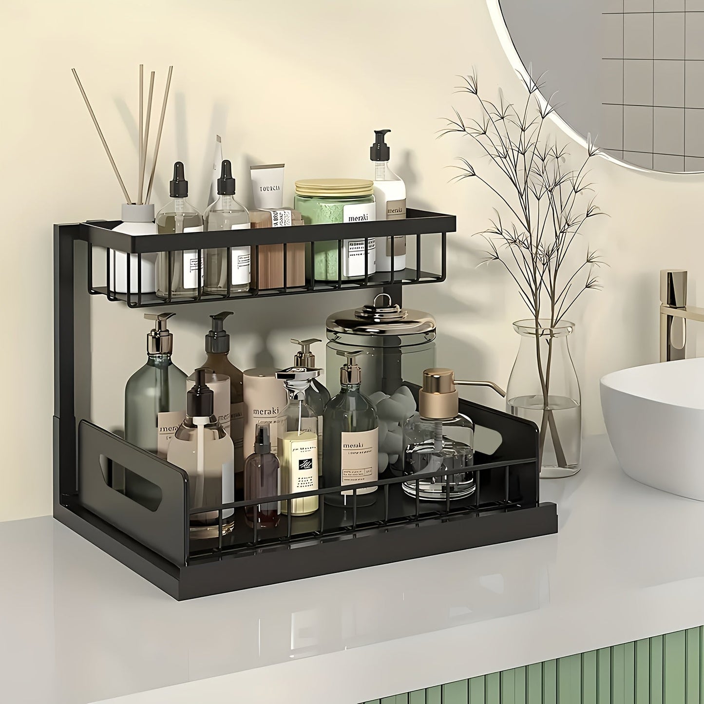 Under Sink Organizer 2 Tier Pull Out Cabinet Storage Organizer with Metal Sliding Drawers Kitchen Bathroom Tabletop Organizer and Storage Rack Accessories