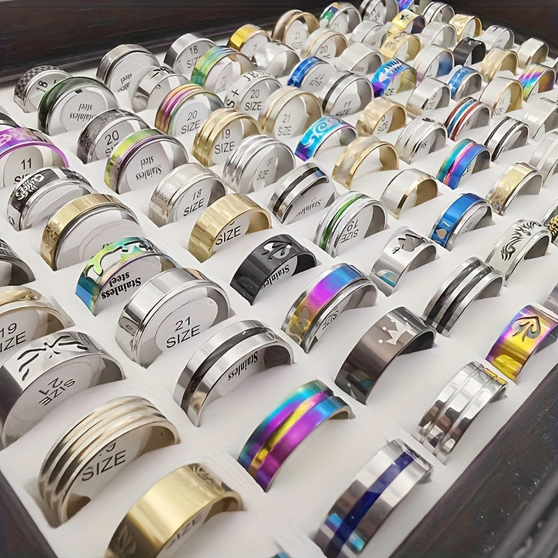 100 Pcs Stainless Steel Rings Bulk Set with Box – Assorted Mixed Styles Heart & Stripe Bands for Women, Men & Couples, Colorful Wholesale Jewelry Gift Pack, Random Assortment