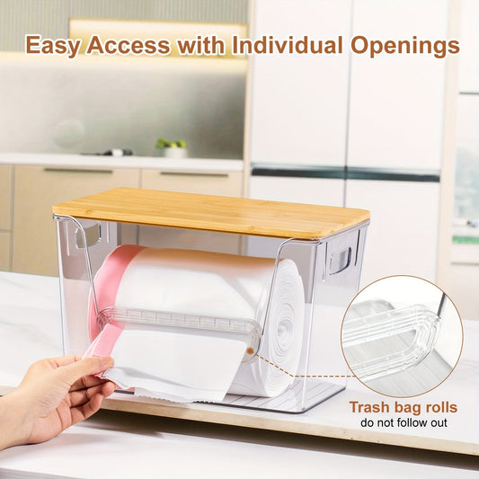 Clear Acrylic Trash Bag Dispenser with Bamboo Lid – Stackable Trash Bag Holder for Under Sink, Kitchen, Laundry Room & Pantry Organization | Fits 13/30/33 Gallon Bags | 1, 2 & 4-Pack