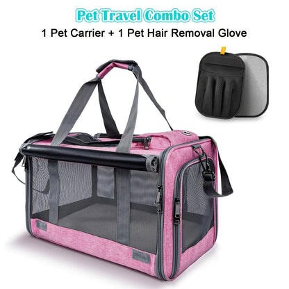 Airline Approved Pet Carrier Soft Sided – Breathable Collapsible Travel Bag for Cats & Small Dogs with Accessories Bundle Collar Bowls or Pet Glove 10 Colors Pink Blue Black Gray Navy Green Orange