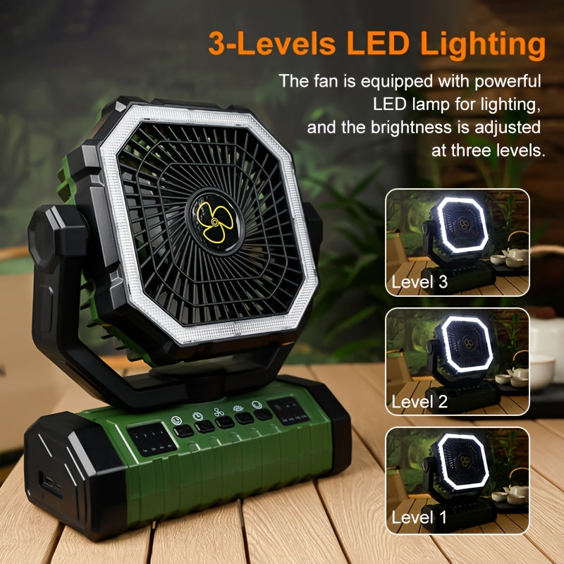 20000mAh Portable Camping Fan with LED Light – USB Rechargeable Outdoor Tent Fan for Hiking, Fishing & Camping – Durable Compact Design with Handle, Green & Orange