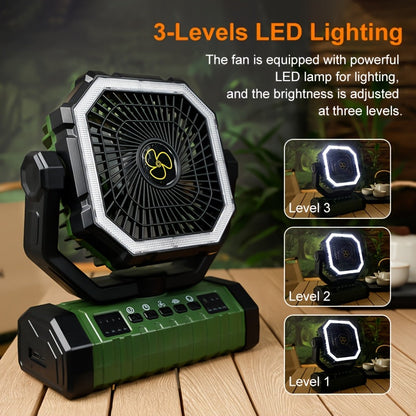 20000mAh Portable Camping Fan with LED Light – USB Rechargeable Outdoor Tent Fan for Hiking, Fishing & Camping – Durable Compact Design with Handle, Green & Orange
