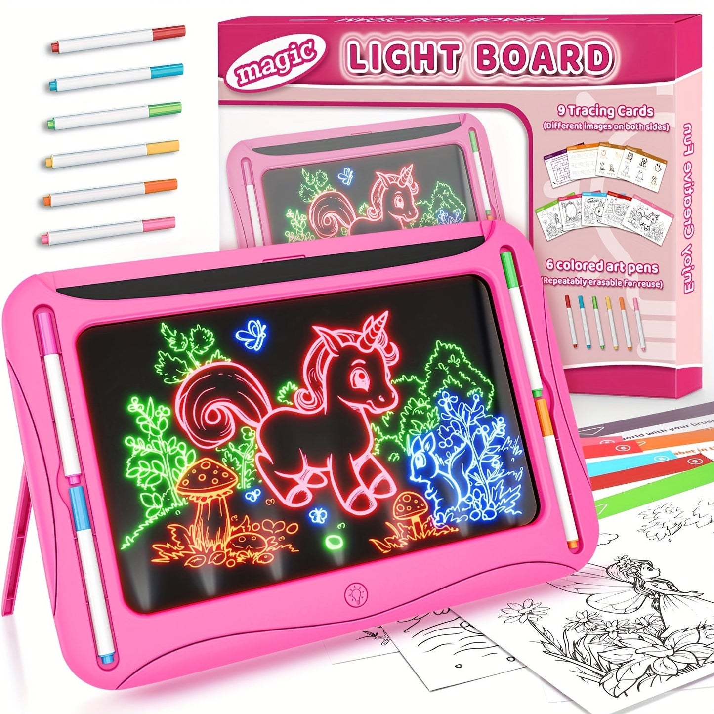 LED Light-Up Drawing Doodle Board for Kids Ages 3-8 – Glow Writing Art Set with 9 Double-Sided Cards & 6 Markers, Educational Learning Travel Toy, Birthday & Christmas Gift for Girls Boys