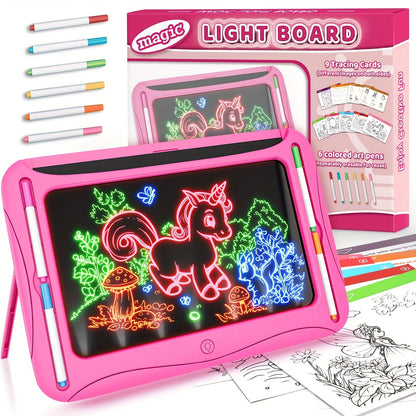 LED Light-Up Drawing Doodle Board for Kids Ages 3-8 – Glow Writing Art Set with 9 Double-Sided Cards & 6 Markers, Educational Learning Travel Toy, Birthday & Christmas Gift for Girls Boys