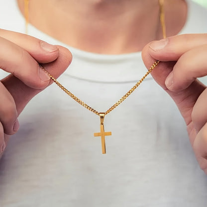 Men's Cross Pendant Necklace 18K Gold Plated Cuban Chain 304 Stainless Steel Minimalist Casual Jewelry Gift for Him Steel Gold