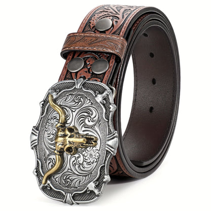 Vintage Engraved Western Belt with Bullhead Buckle - Adjustable Distressed Leather Cowboy Waistband for Men and Women, Country Music Festival Rodeo Accessories, Black Brown Coffee