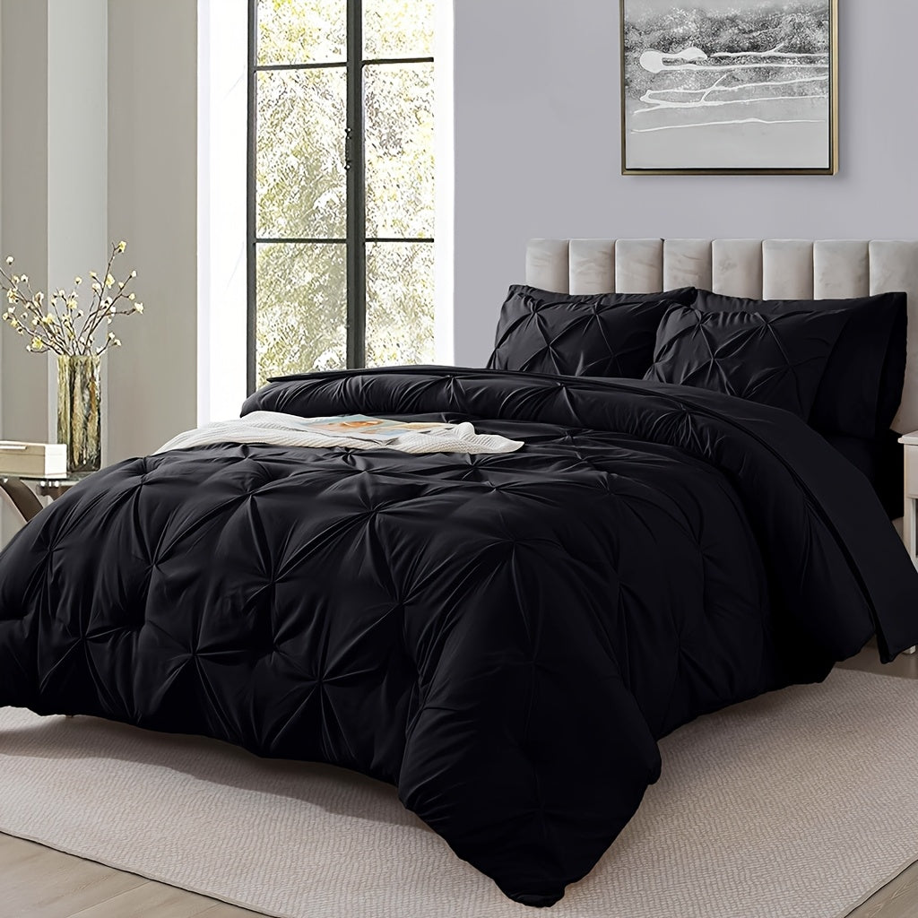 Comforter Set 7 Piece Queen King Full - Soft Microfiber Pintuck Pleated Bed in a Bag Complete Bedding Set with Comforter, Fitted Sheet, Flat Sheet & Pillowcases, All Season Home & Dorm Bedding