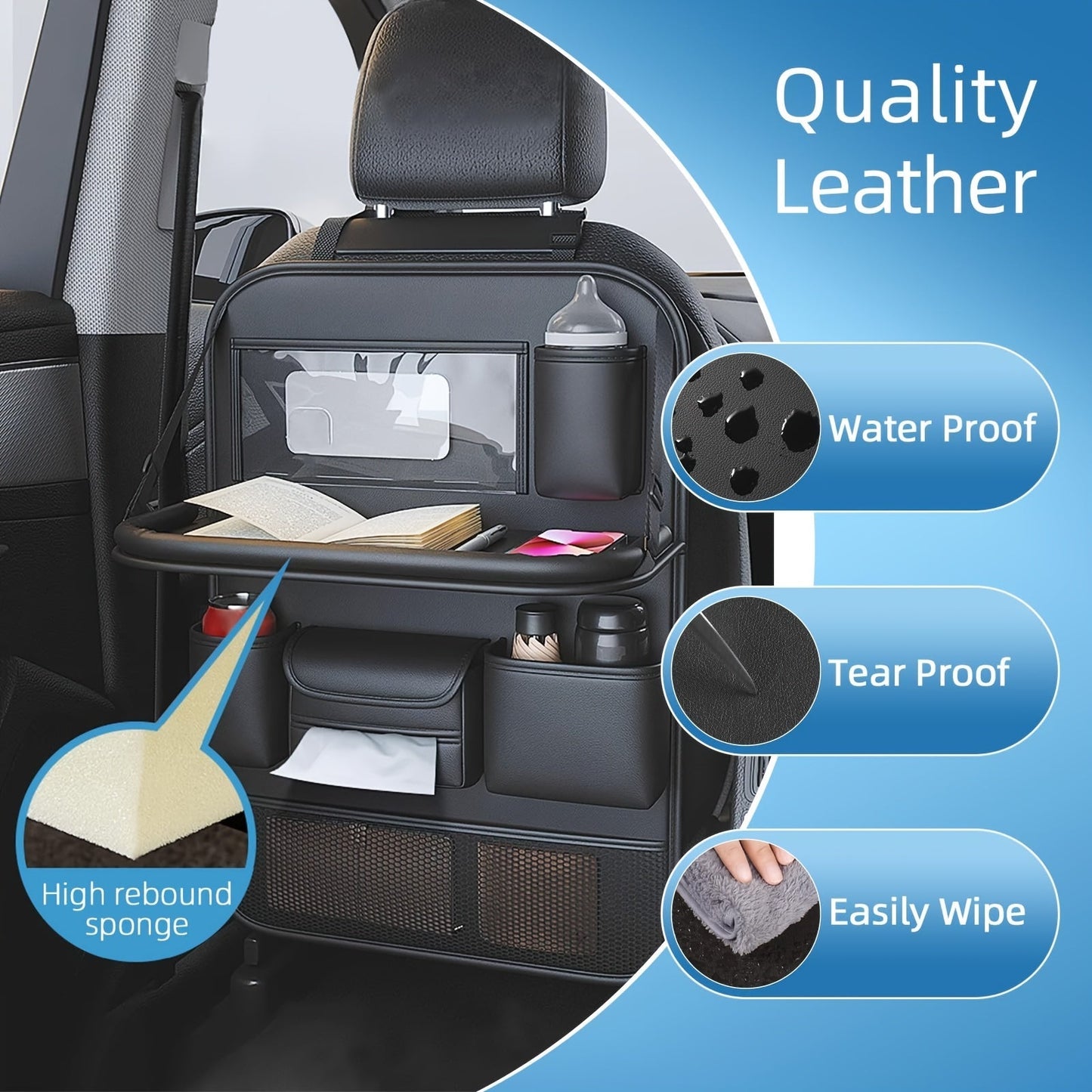 Car Seat Back Organizer PU Leather – Multifunctional Back Seat Storage Bag with Foldable Dining Table, Cup Holder & Travel Pockets, Universal Fit for Cars SUVs Trucks, Road Trip Accessories