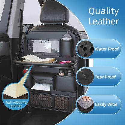 Car Seat Back Organizer PU Leather – Multifunctional Back Seat Storage Bag with Foldable Dining Table, Cup Holder & Travel Pockets, Universal Fit for Cars SUVs Trucks, Road Trip Accessories