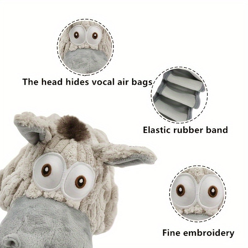 Elastic Stretch Donkey Plush Squeaky Dog Toy – Durable Tug & Chew Toy for Small, Medium & Large Dogs, Textured Spikes, No Batteries Required, Soft Gray & White Animal Design