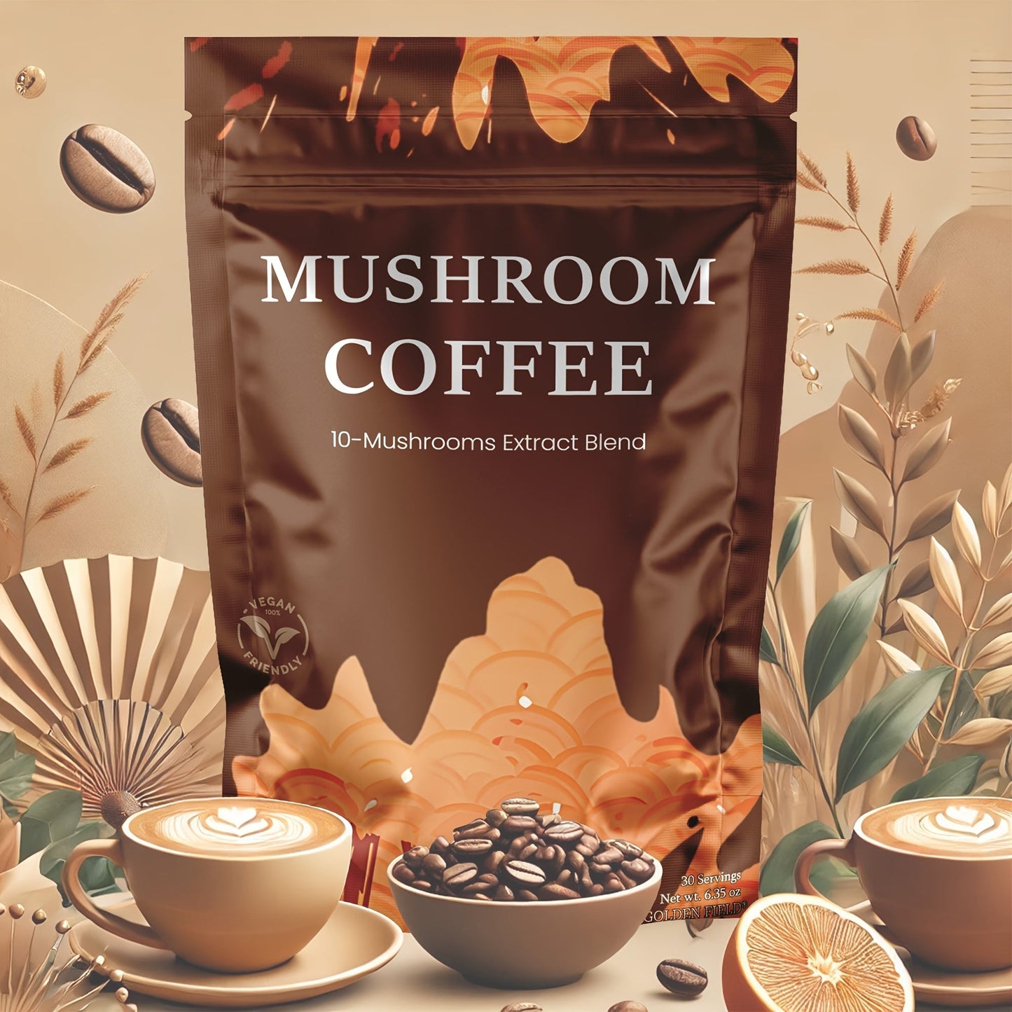 Mushroom Coffee with 10 Adaptogenic Mushrooms & MCT Oil – USA Grown Instant Coffee, Lion's Mane, Turkey Tail, Shiitake, 6.35 oz, Available in 1, 3 & 6 Pack