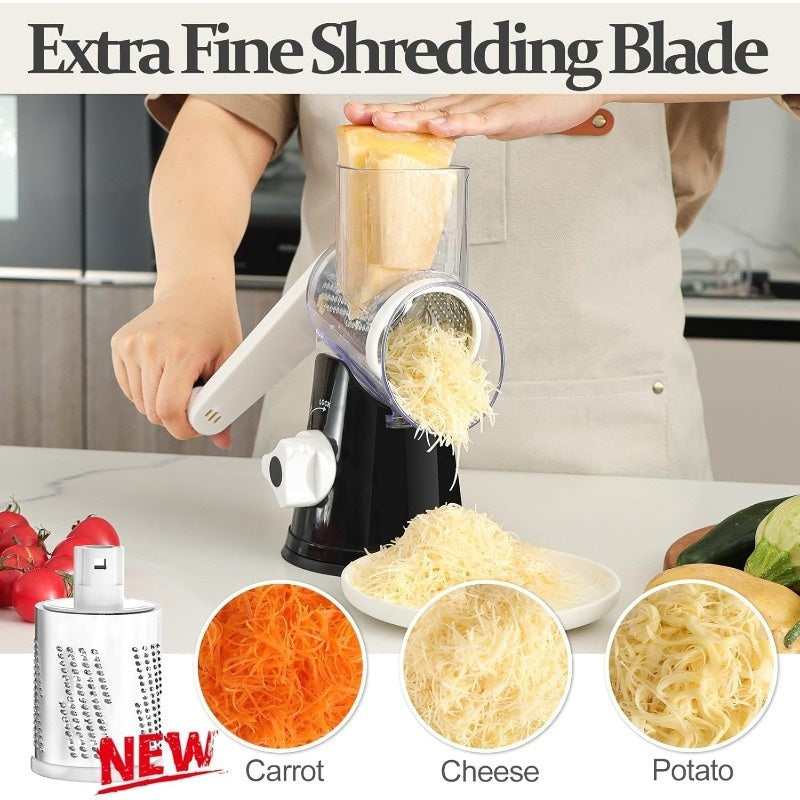 Rotary Cheese Grater Hand Crank Shredder with 3 Interchangeable Blades - Non-Slip Suction Base, Free Cleaning Brush, for Fresh Cheese, Vegetables & Nuts, Kitchen Tool Gift