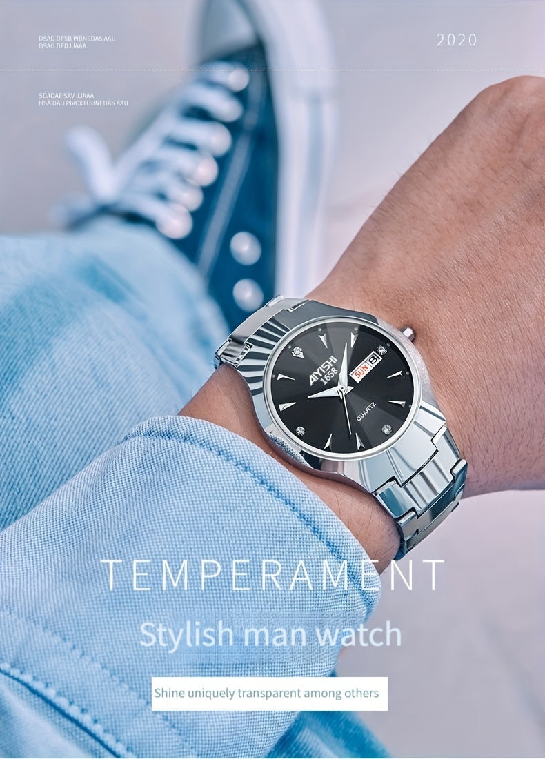 Men's Luminous Quartz Business Watch with Dual Date Calendar – Elegant Zinc Alloy Case, Simple Trend Design, Dress & Casual Wear