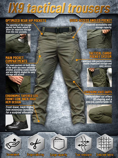 IX9 Men's Tactical Cargo Pants Slim Fit – Quick-Dry Breathable Tear-Resistant Multi-Pocket 3D Cut Outdoor Work Pants for Hiking Camping Climbing Fishing S-XXXL