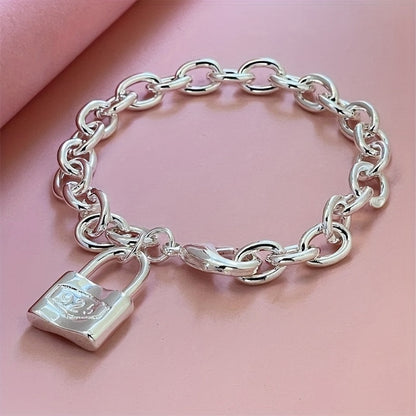 925 Sterling Silver Chain Bracelet for Women – Dainty Korean Boho Lock Clasp Pendant Bracelet, Hypoallergenic, Lightweight 2g, Perfect Gift for Her