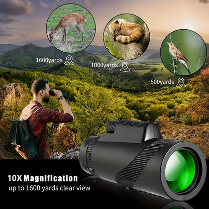 10x42 HD Monocular Telescope with Phone Adapter & Tripod – FMC Lens Compact Scope for Bird Watching, Wildlife, Hiking, Camping, Concerts & Sports – Black & Green, Christmas Gift