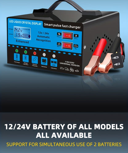 12V 24V Smart Battery Charger with LCD Display – Intelligent Trickle Charging, Overcharge & Short Circuit Protection, Universal Fit for Car, Truck, Motorcycle, Yacht & RV Batteries, Automatic Battery Maintainer & Conditioner