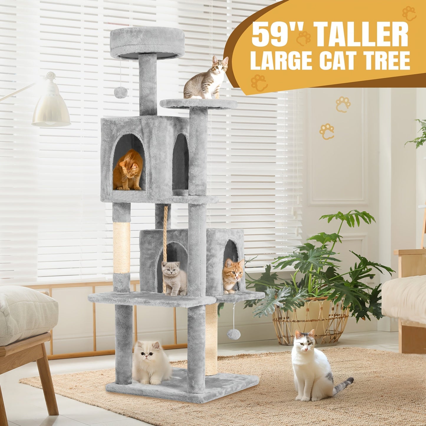 59" Multi-Level Cat Tower for Indoor Cats – Large Cat Tree with Plush Resting Area, Sisal Scratching Post & Hanging Ball Toy – Ideal for Bedroom, Living Room & Multi-Cat Households – Velora