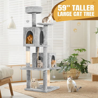 59" Multi-Level Cat Tower for Indoor Cats – Large Cat Tree with Plush Resting Area, Sisal Scratching Post & Hanging Ball Toy – Ideal for Bedroom, Living Room & Multi-Cat Households – Velora