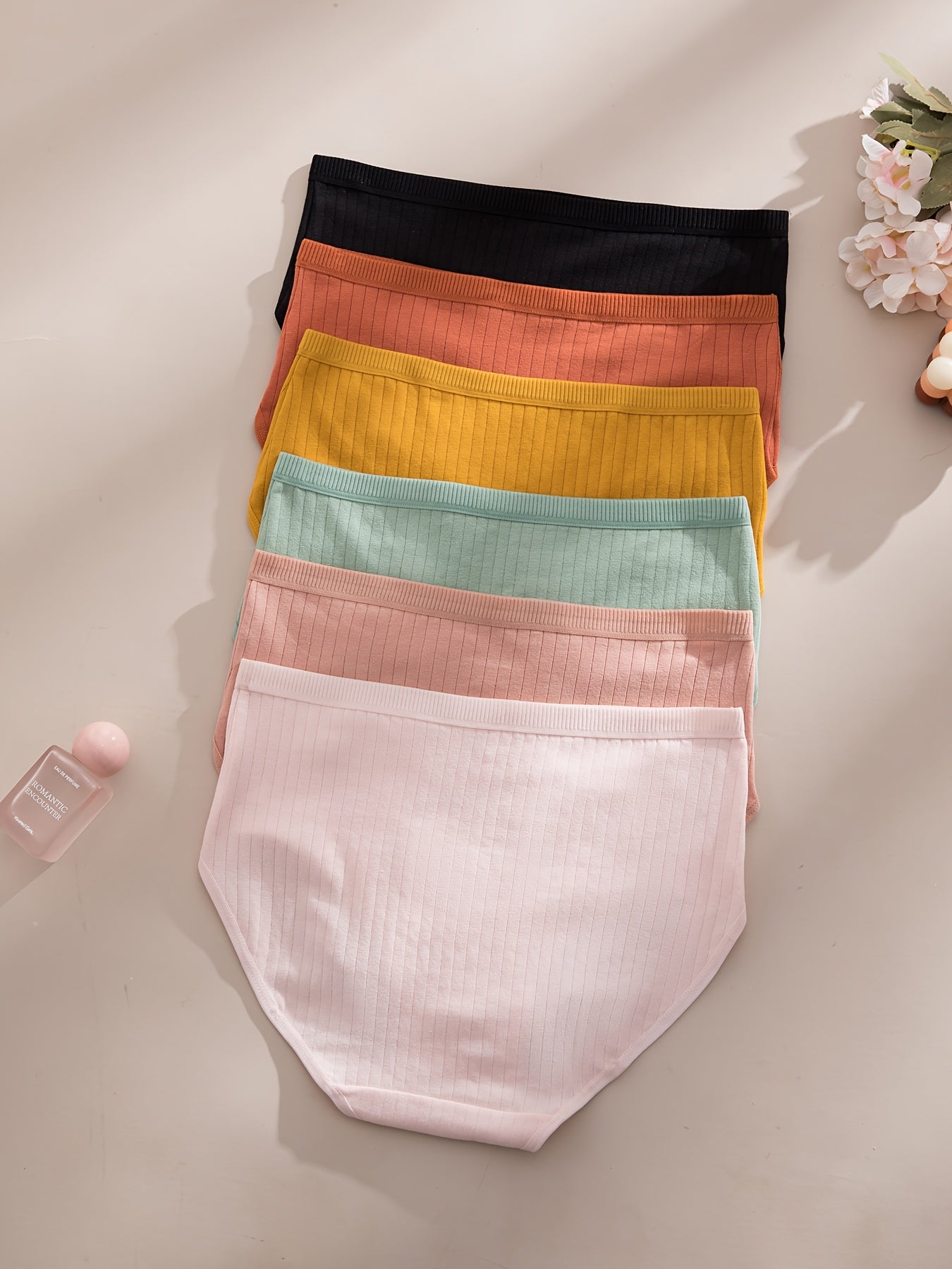 6-Pack Ribbed Thong Panties Women Soft Breathable Mid-Waist | Rib-Knit Triangle Underwear Solid Colors | Maternity-Friendly Everyday Panties Set | S to 5XL Mixed Colors