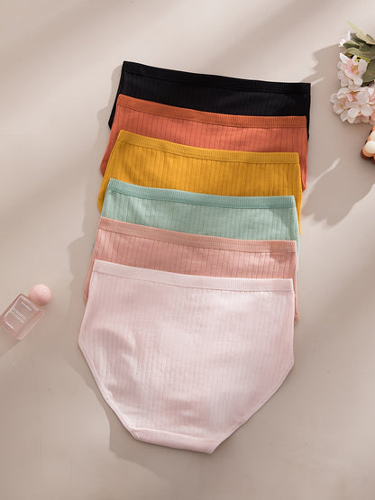 6-Pack Ribbed Thong Panties Women Soft Breathable Mid-Waist | Rib-Knit Triangle Underwear Solid Colors | Maternity-Friendly Everyday Panties Set | S to 5XL Mixed Colors