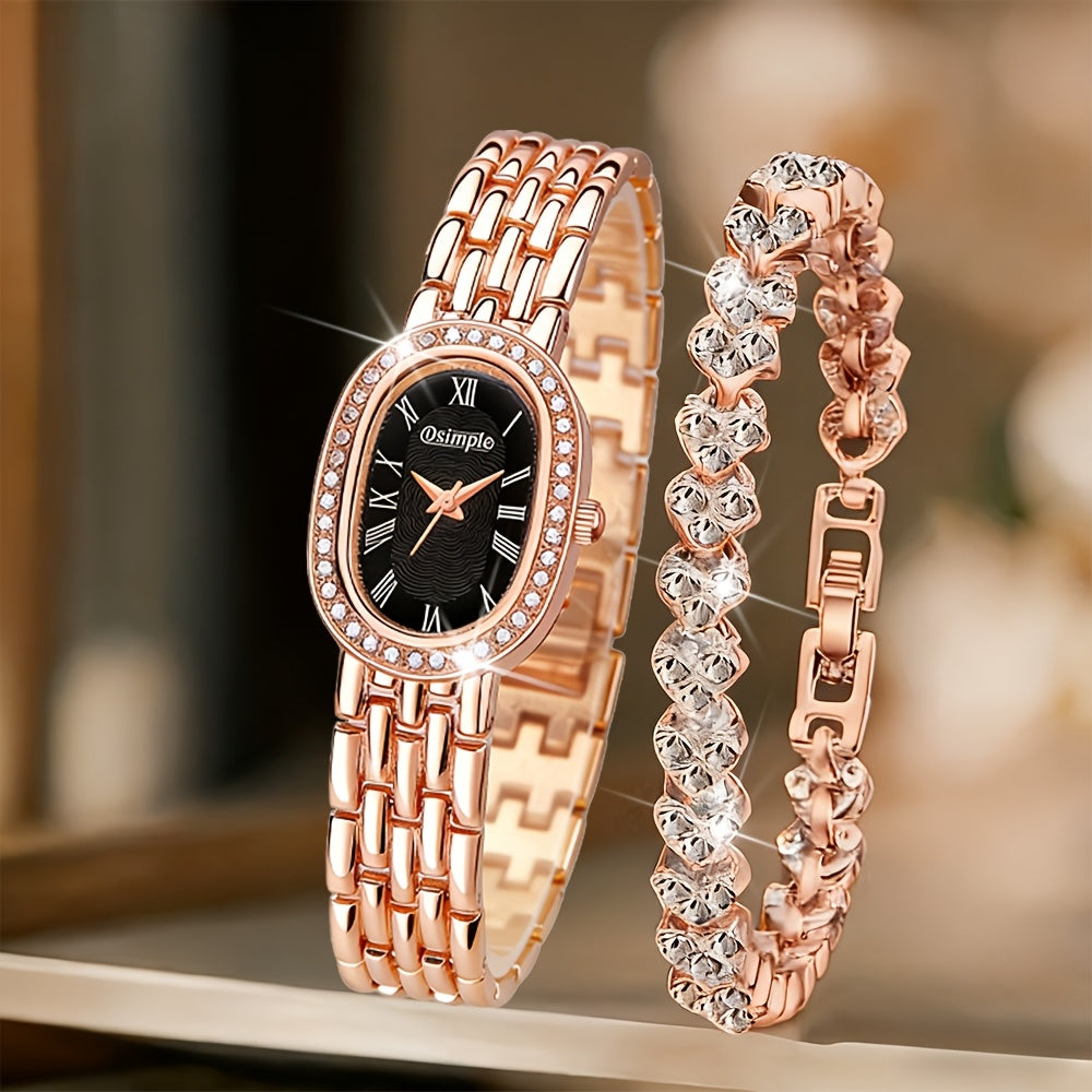 Women's Retro Quartz Watch Set 2pcs – Elegant Heart Chain Stainless Steel Rectangular Dial Analog Wristwatch, Court Style Luxury Timepiece Gift for Wedding, Easter, Birthday & Casual Wear