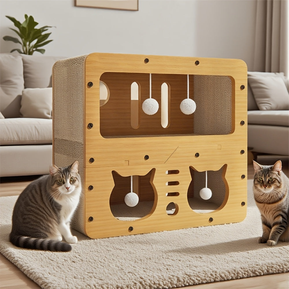 Cat Scratching Board House with Pompom Toy – Large Cardboard Cat Bed & Hideout, Holds Up to 25 Lbs, Multi-Cat Friendly, Easy Assembly, Scratch-Resistant Cat Furniture Gift for Pet Lovers