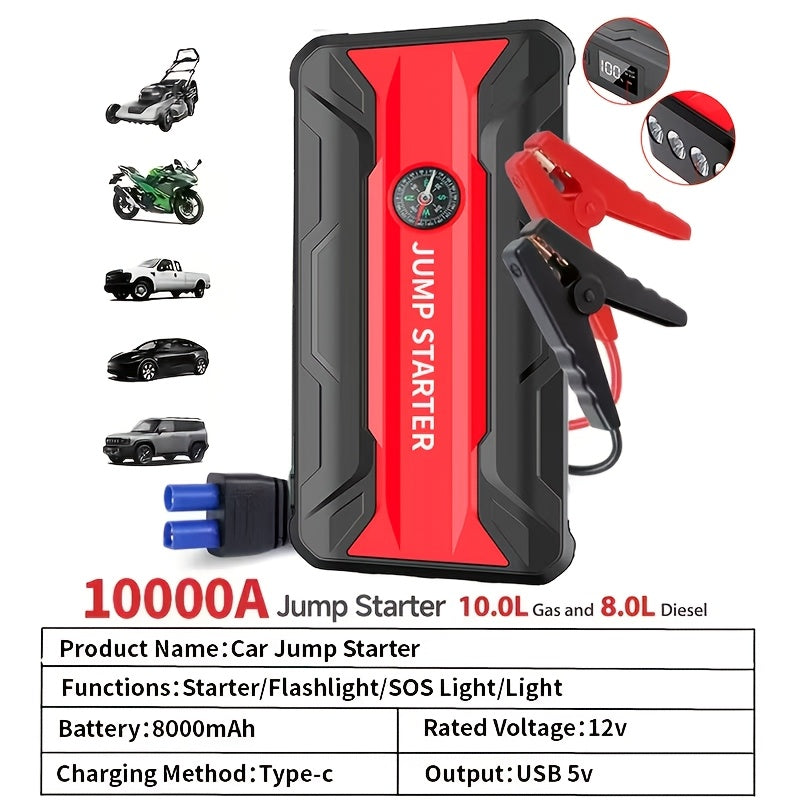 10000A Car Jump Starter 7-in-1 with 150PSI Air Compressor, Digital Tire Inflator, LED Emergency Light & USB Power Bank – Portable Battery Booster for Gas & Diesel Vehicles – Velora